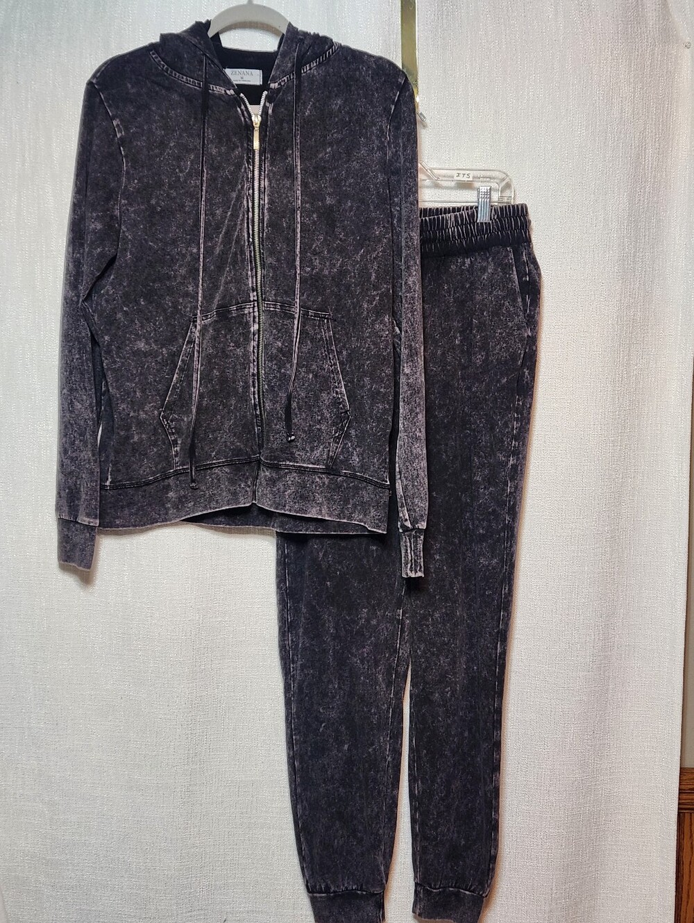 Zenana Outfitters Mineral Wash Black Full Zip Hoodie Pockets Matching Leggings M